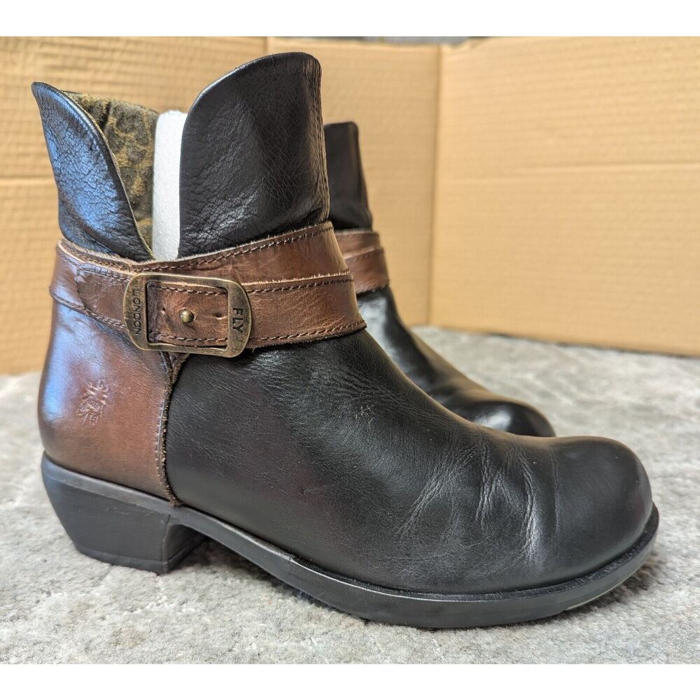 Fly London Black and Brown Leather Ankle Boots